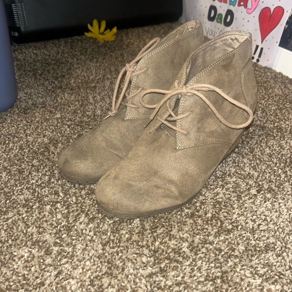 Beige heeled wedged boots